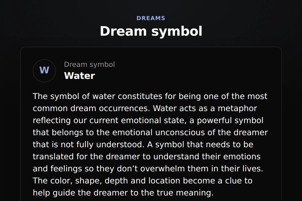 Dream card: Symbol name, interpretation body, and letter chip
