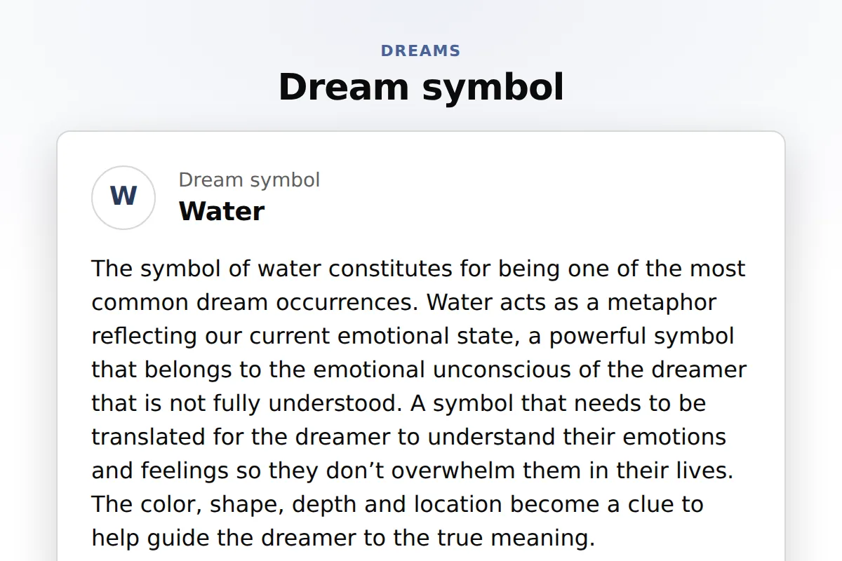 Dream card: Symbol name, interpretation body, and letter chip