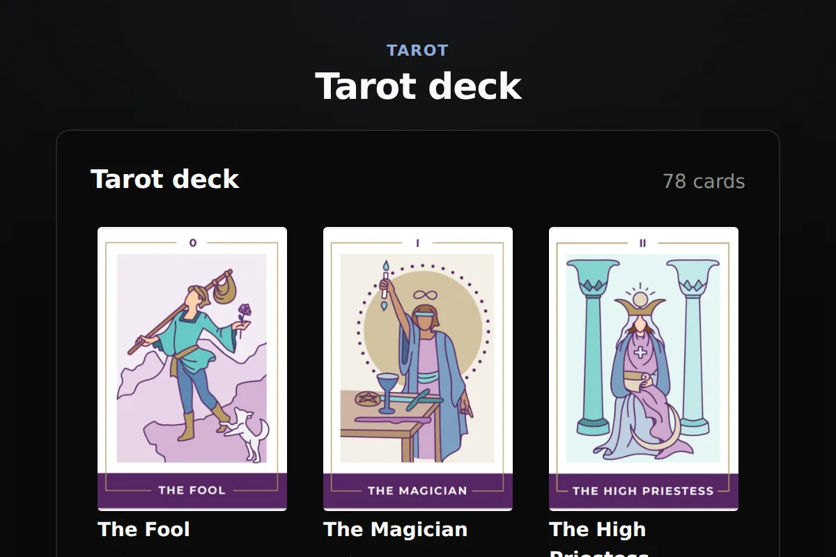 Tarot catalog widget: Deck gallery tiles with card art, name, and arcana and suit; a pick opens the card in place