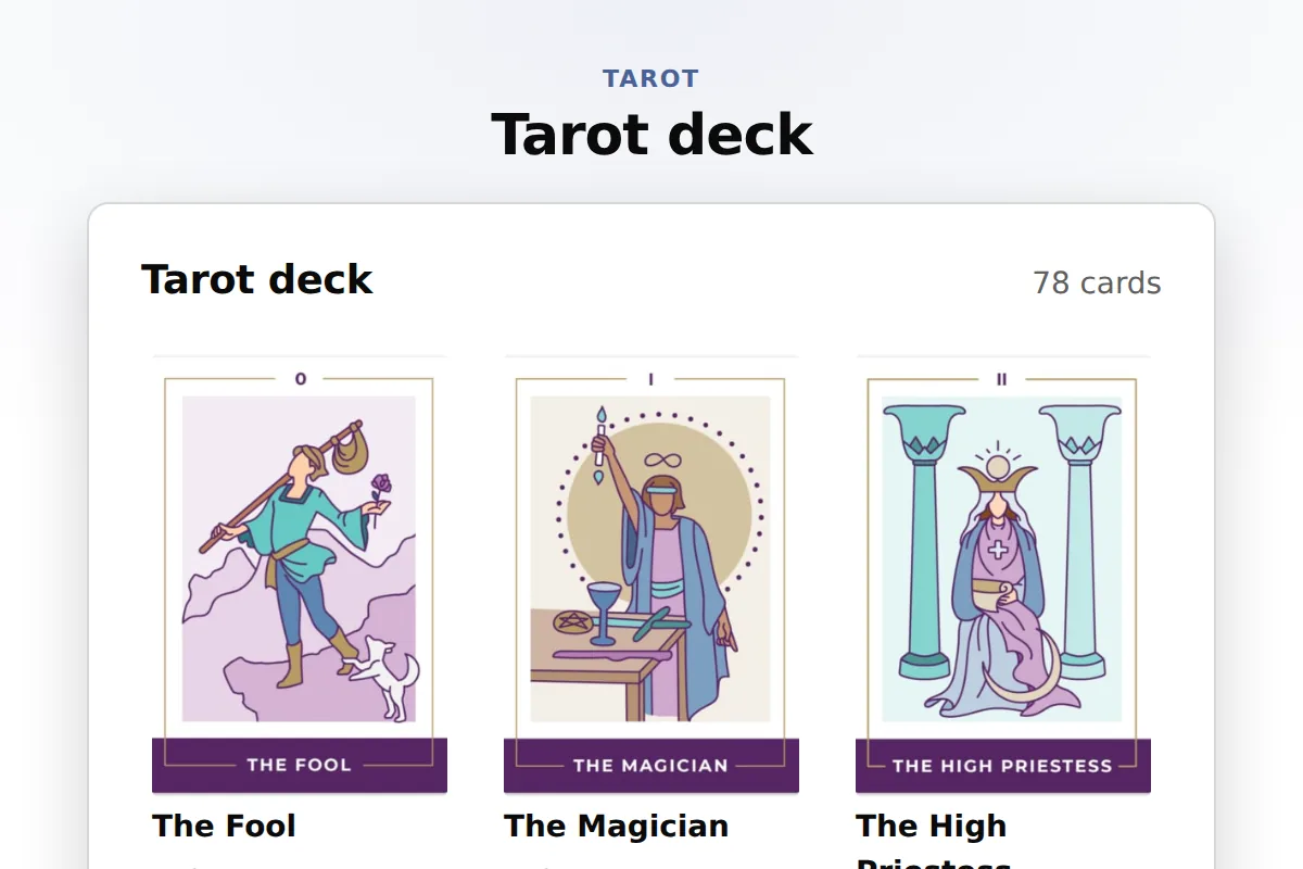 Tarot catalog widget: Deck gallery tiles with card art, name, and arcana and suit; a pick opens the card in place