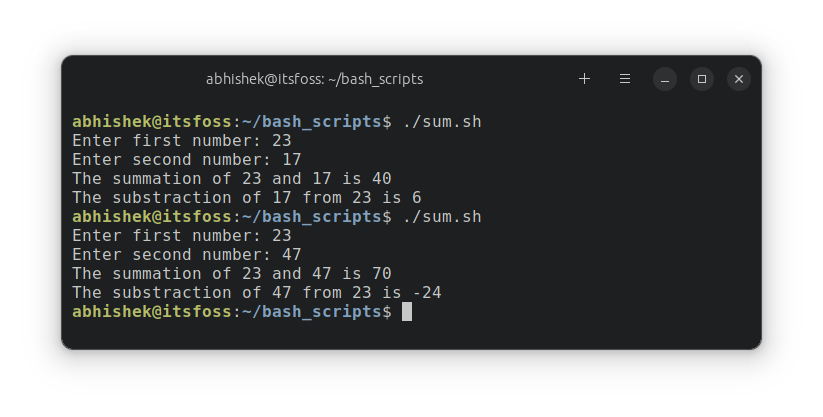 Example of addition and subtraction in Bash shell script