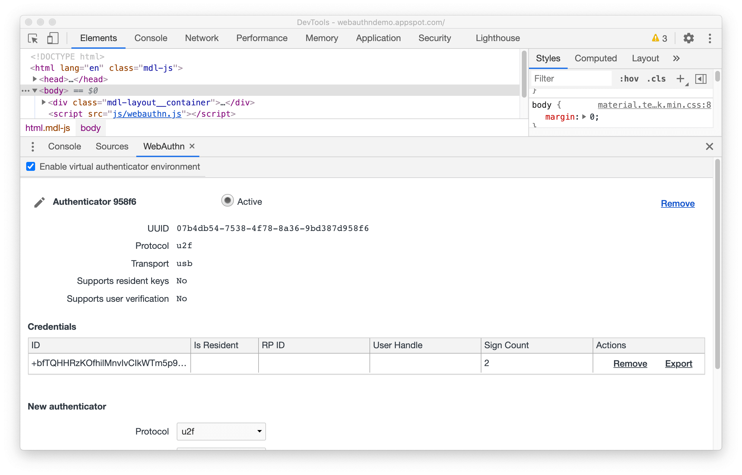WebAuthn tab WebAuthn tab