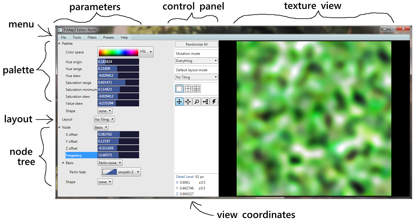 Main sections of the user interface.