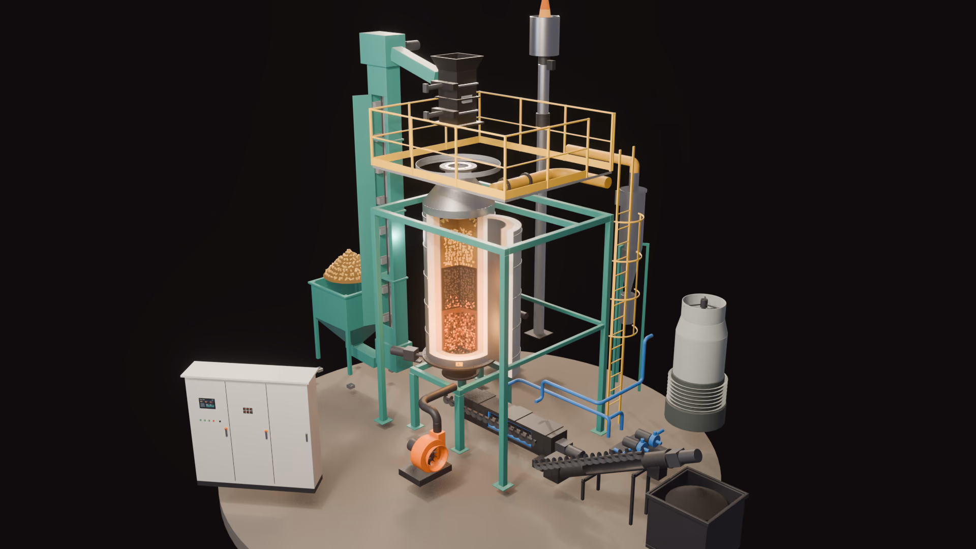 The gasifier with its parts drawn apart.