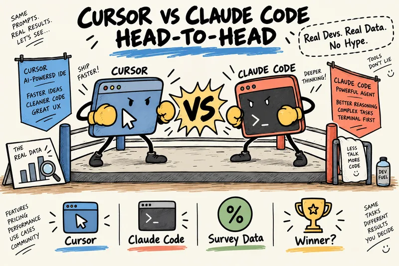 Hand-drawn illustration of Cursor and Claude Code personified as boxers facing off in a ring