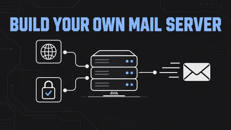 A self-hosted mail server pipeline: DNS and authentication checks flowing into a server stack and out as verified email