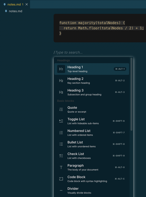 Slash menu and formatting