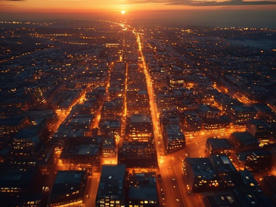 City lights at dusk from high altitude