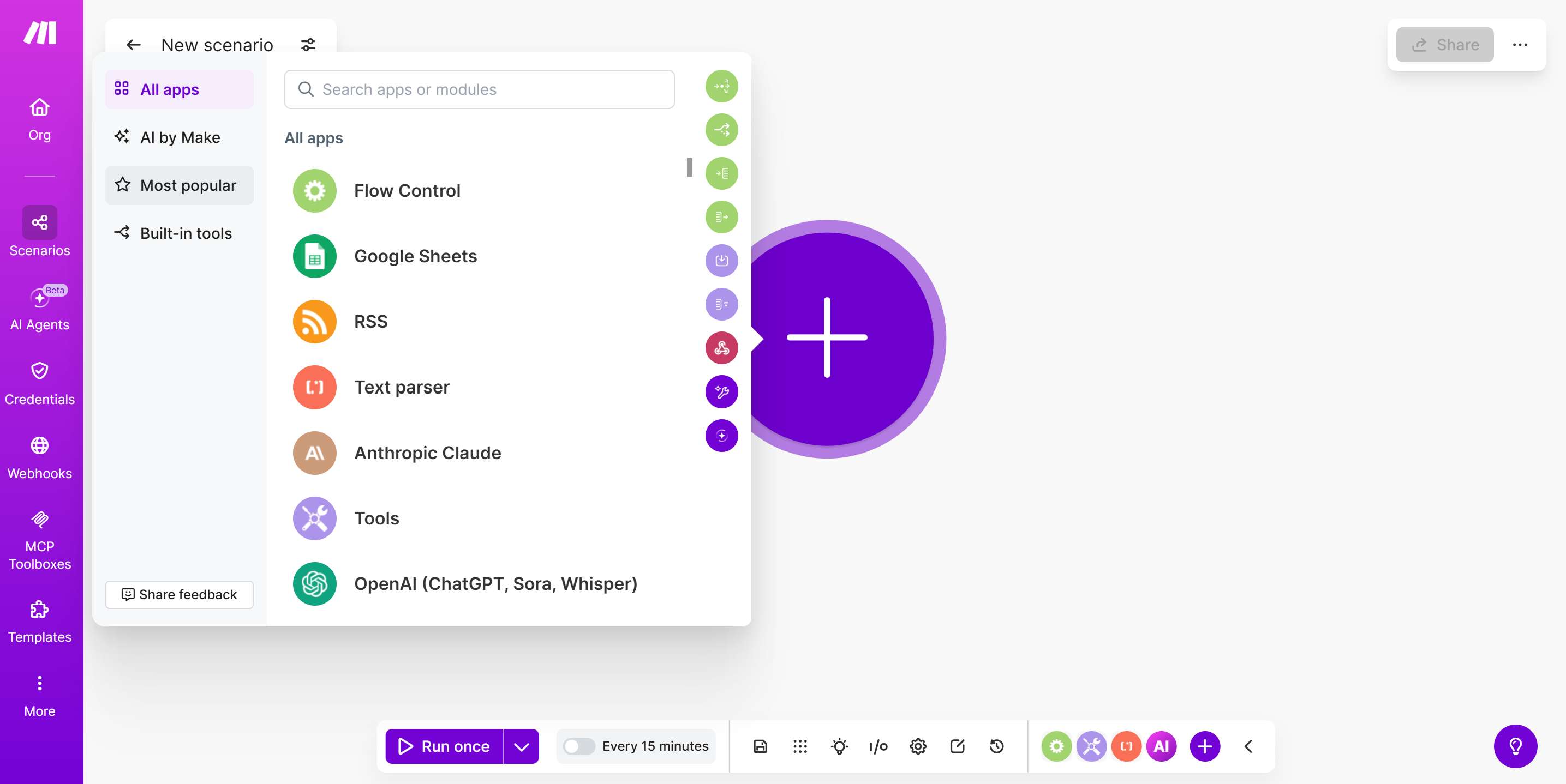 Canva vide sur Make.com, tu es prêt à créer ton scénario