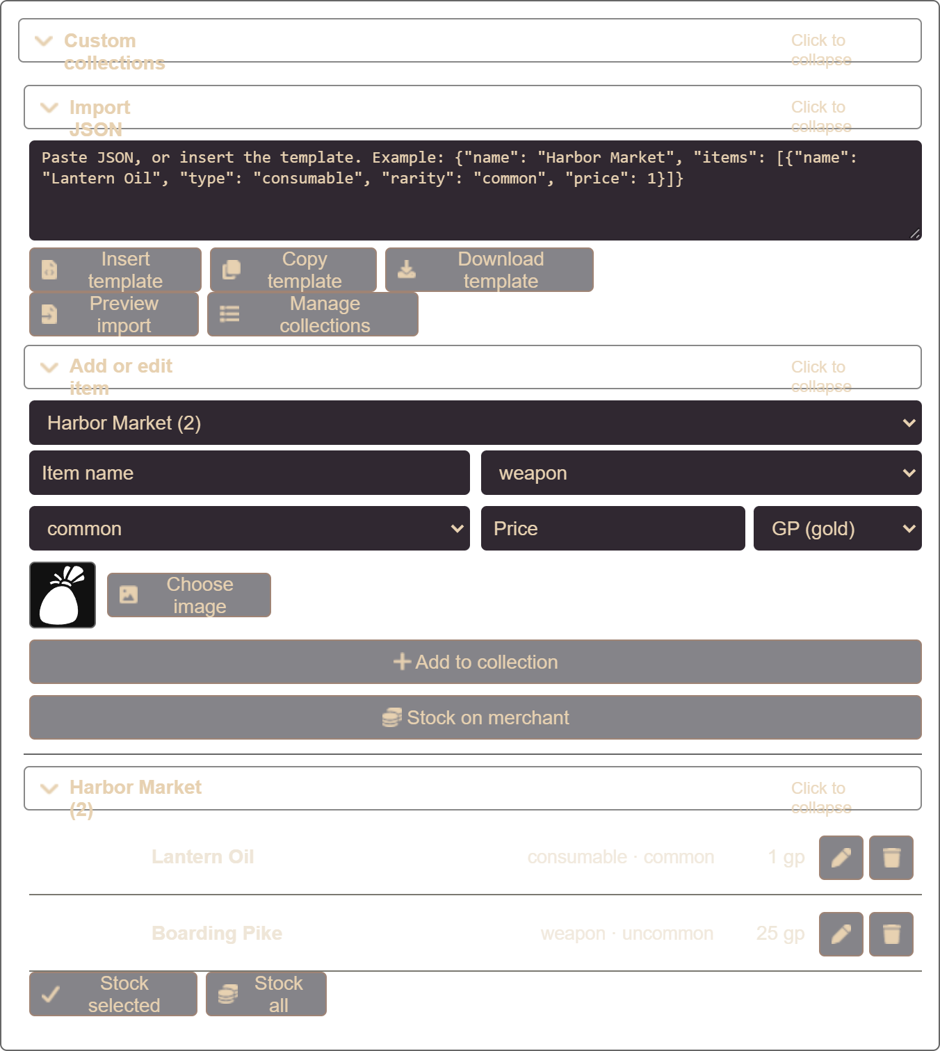 Custom collections with JSON template, currency, and catalog