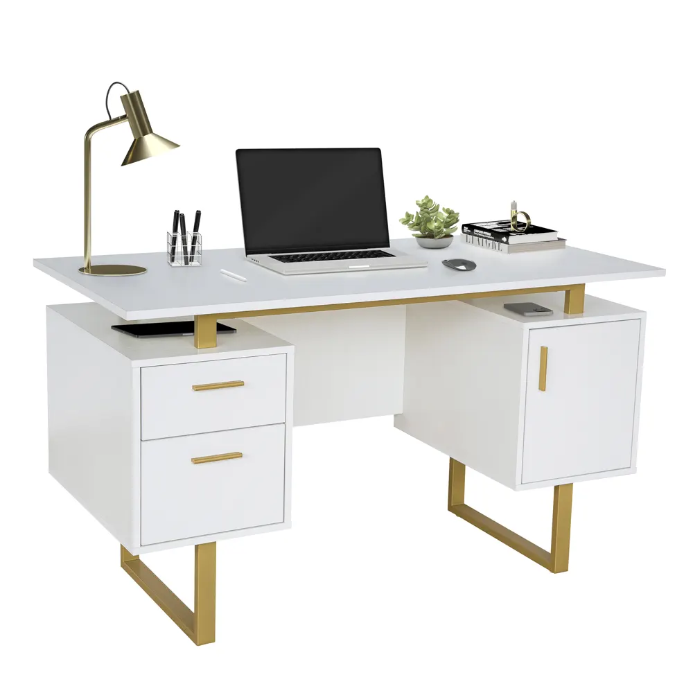 White & Gold Office Desk with Storage - Image 3