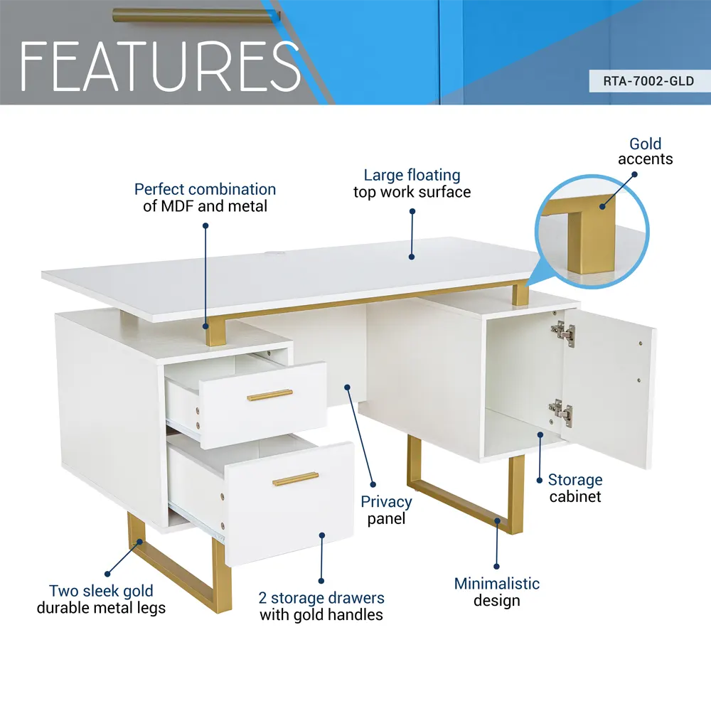 White & Gold Office Desk with Storage - Image 4