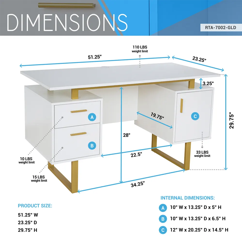 White & Gold Office Desk with Storage - Image 5