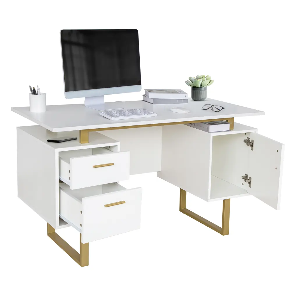 White & Gold Office Desk with Storage - Image 6