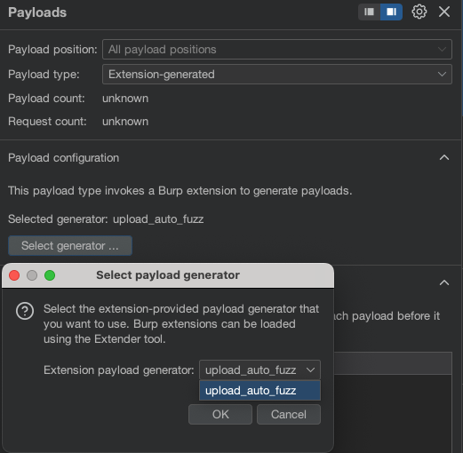 Payloads 标签页选择 Upload_Auto_Fuzz 扩展生成器