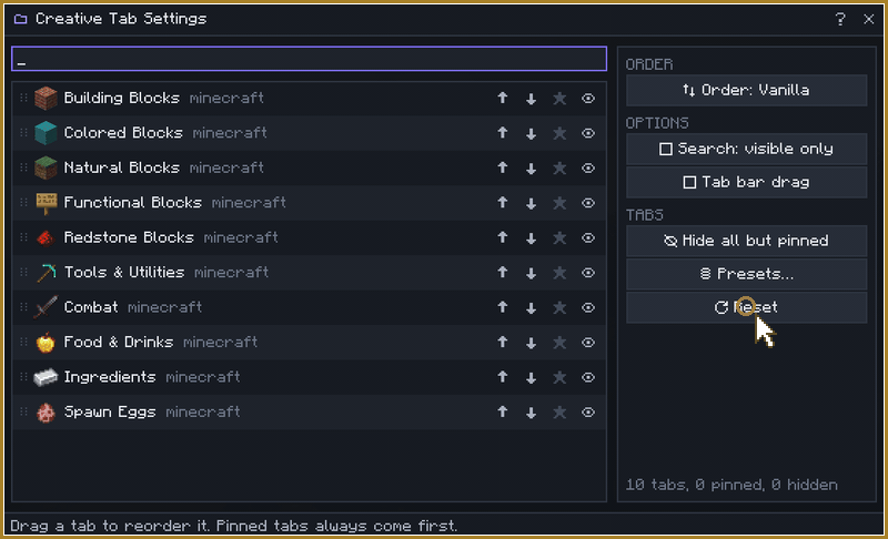 The settings screen: order set to A to Z, two tabs pinned with a star, two hidden with the eye