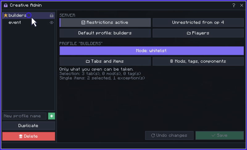 The admin screen: the builders profile, its Natural Blocks tab locked whole, one item opened again, then saved