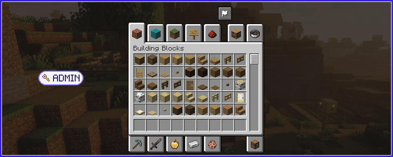 The same creative inventory seen by an admin, then by a player of the builders profile: five tabs and the locked items are gone