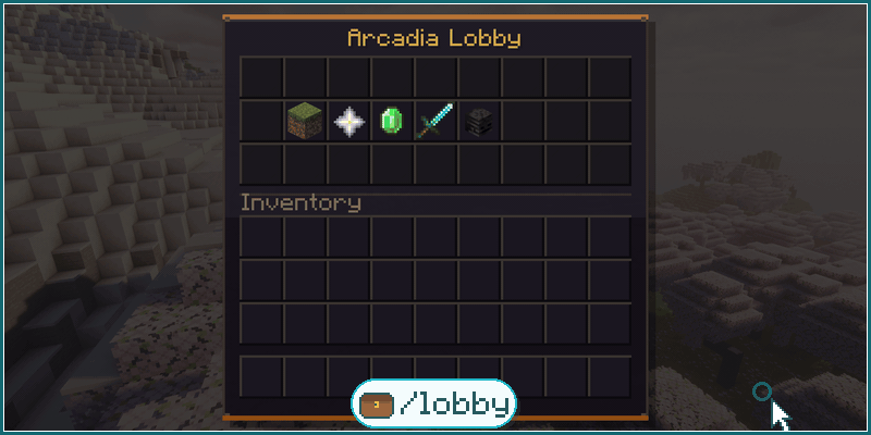 The /lobby menu lists the warps of the server; one click teleports the player there