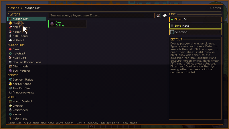 From the player list to a player's sheet, their tools, then the server status, all from the navigation column