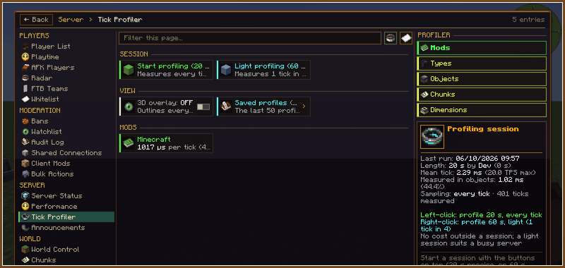 The tick profiler, then its 3D overlay: each machine and mob outlined with its cost per tick