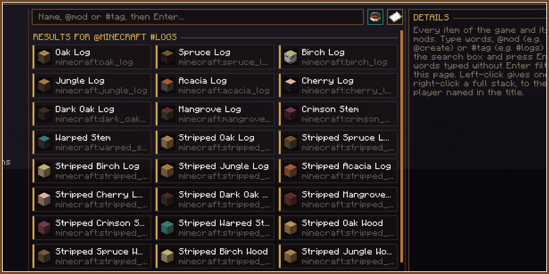 The item browser searched with @mod and #tag, the server status, the waystones and the announcement composer