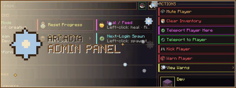 Arcadia Admin Panel: a player's sheet, with quick actions, sanctions in red and every screen in the column on the left / Arcadia Admin Panel : la fiche d'un joueur, actions rapides, sanctions en rouge et tous les écrans dans la colonne de gauche