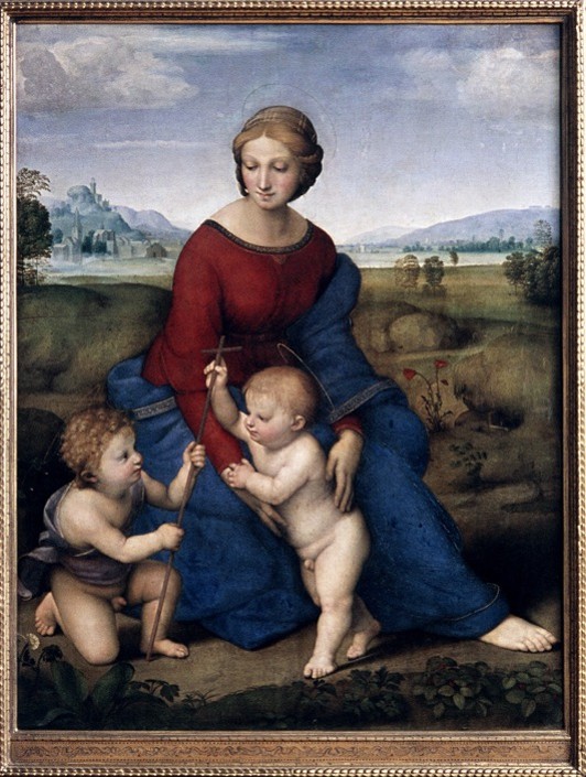 左侧的是小圣约翰，其母以利沙伯与玛丽亚为亲属，因此他是耶稣的表亲