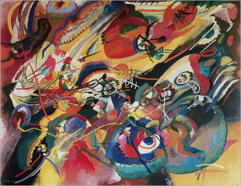 《〈构图 VII〉草图 I》康定斯基是「青骑士」的一员；他据说有联觉的能力，能够十分清晰的听见色彩