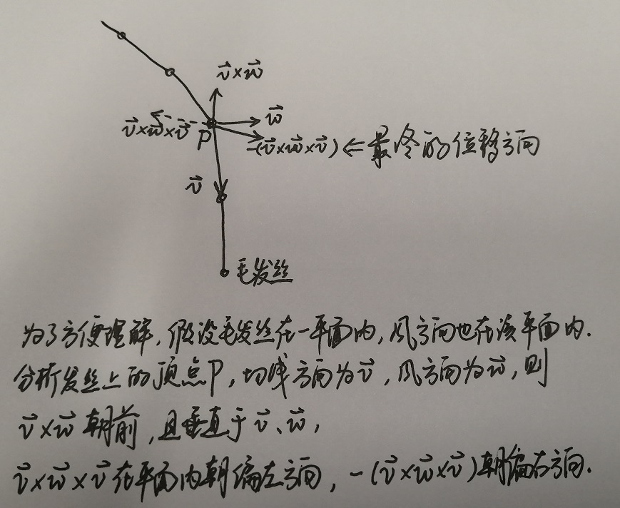 计算风场影响下的发丝顶点位移方向