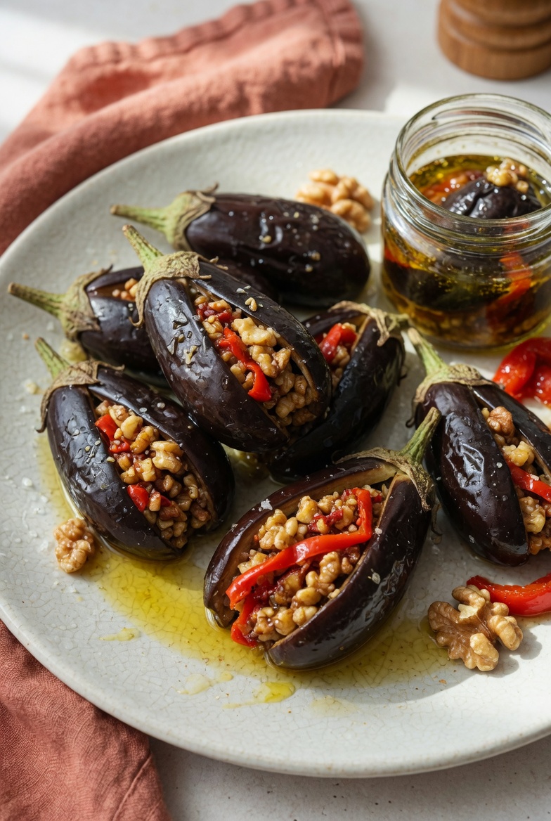 Oil-Cured Baby Eggplants with Walnuts and Red Pepper