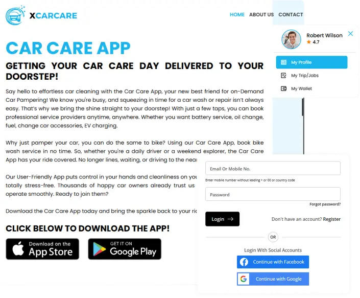 car care app web panel