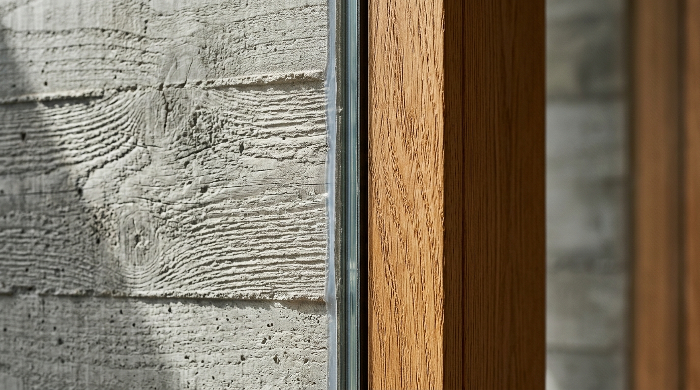 Board-formed concrete, glass and oak