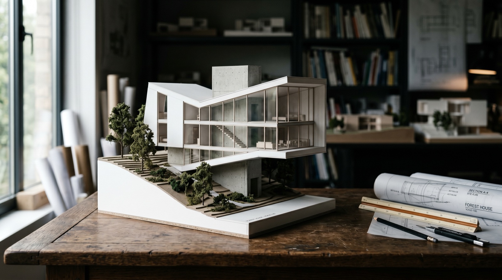 A working scale model of the residence on the agency table