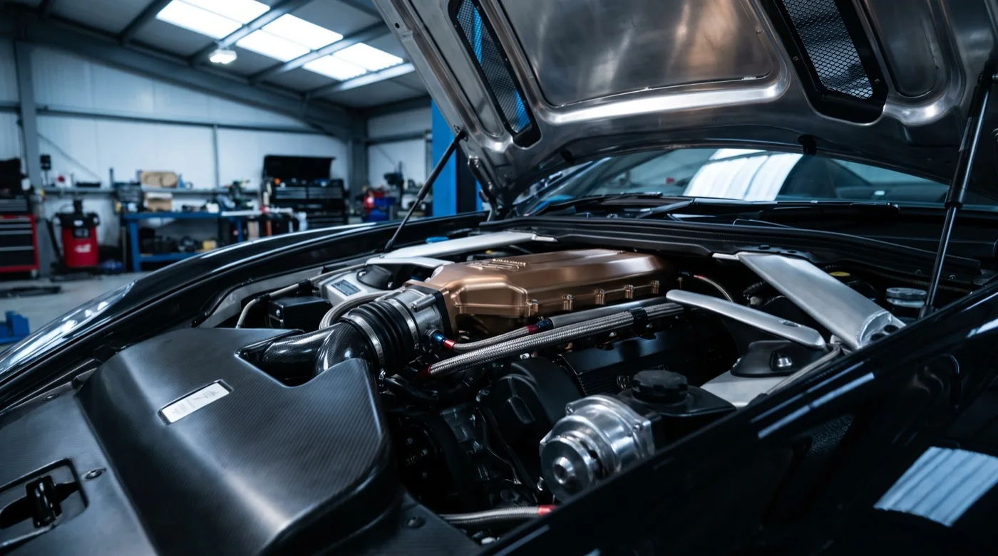 The naturally aspirated V8 in the bay