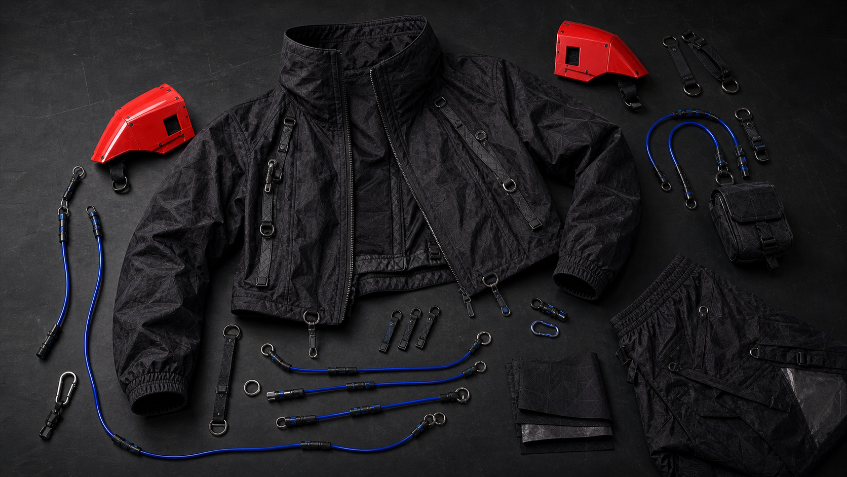 Exploded top-down laboratory study of the VOID 03 modular apparel system
