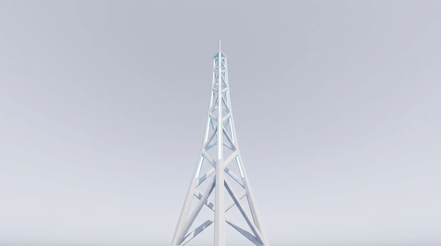 A slender white lattice transmitter mast against a pale sky