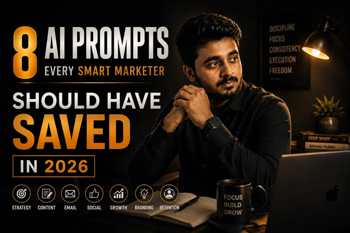 Marketer using AI prompt templates on a laptop to plan campaigns