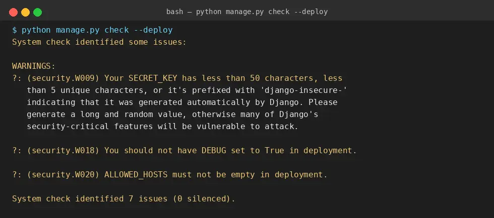 Real Django check --deploy output showing SECRET_KEY and DEBUG security warnings