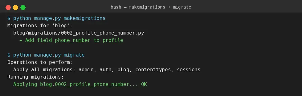 Real terminal output of python manage.py makemigrations and migrate fixing the error