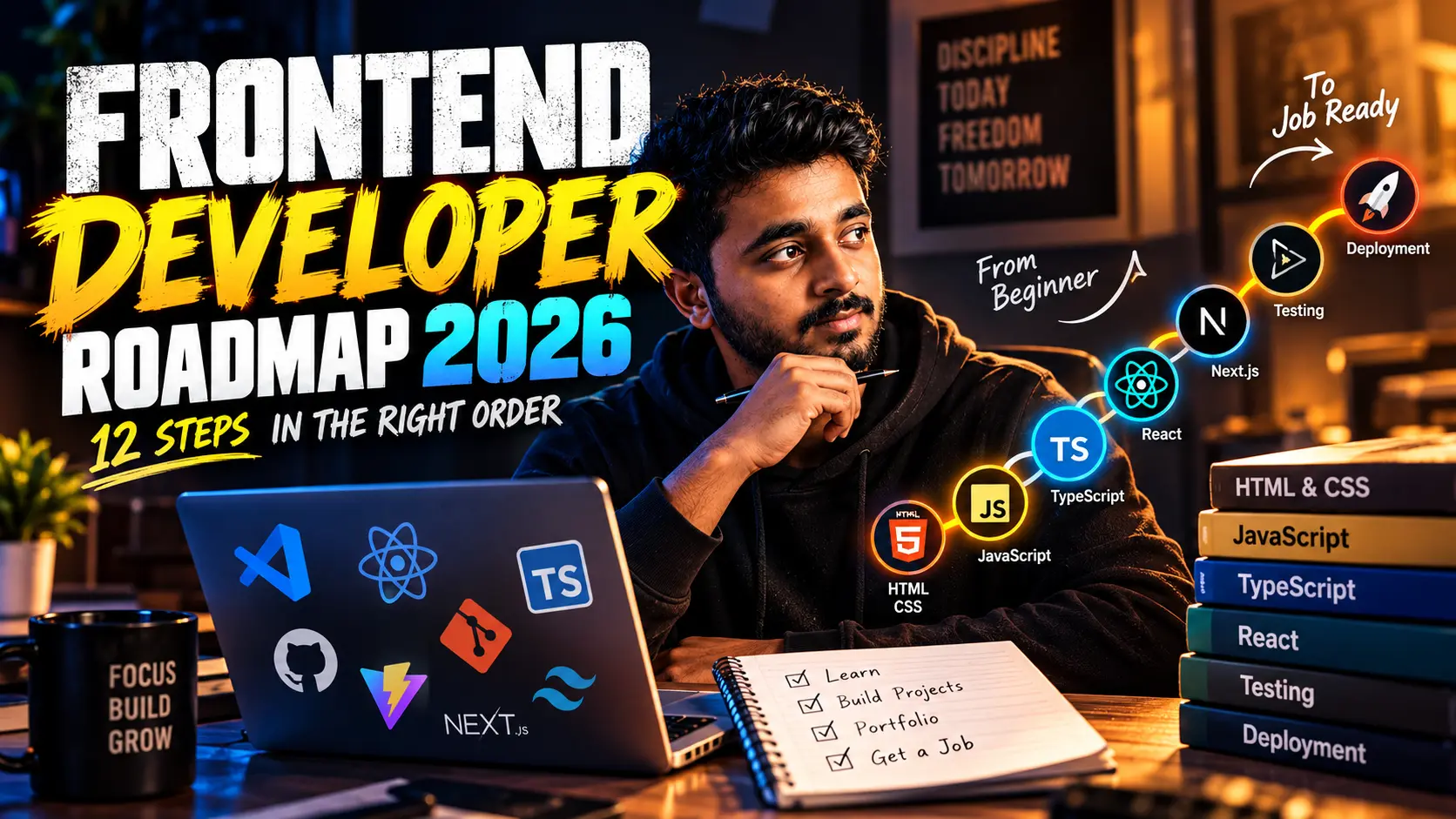 Frontend developer roadmap 2026 showing 12 steps from HTML and CSS to React, testing and deployment