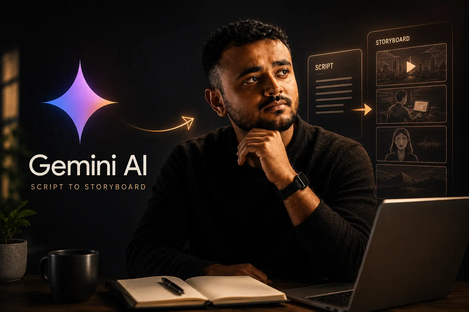A split-screen illustration of a script document turning into a storyboard, representing Gemini AI as a script writer