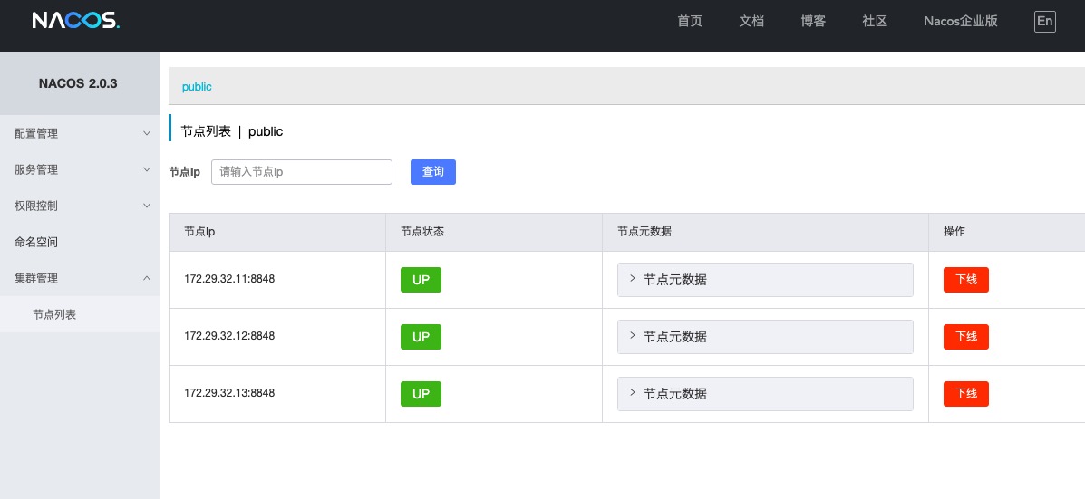 nacos控制台节点列表
