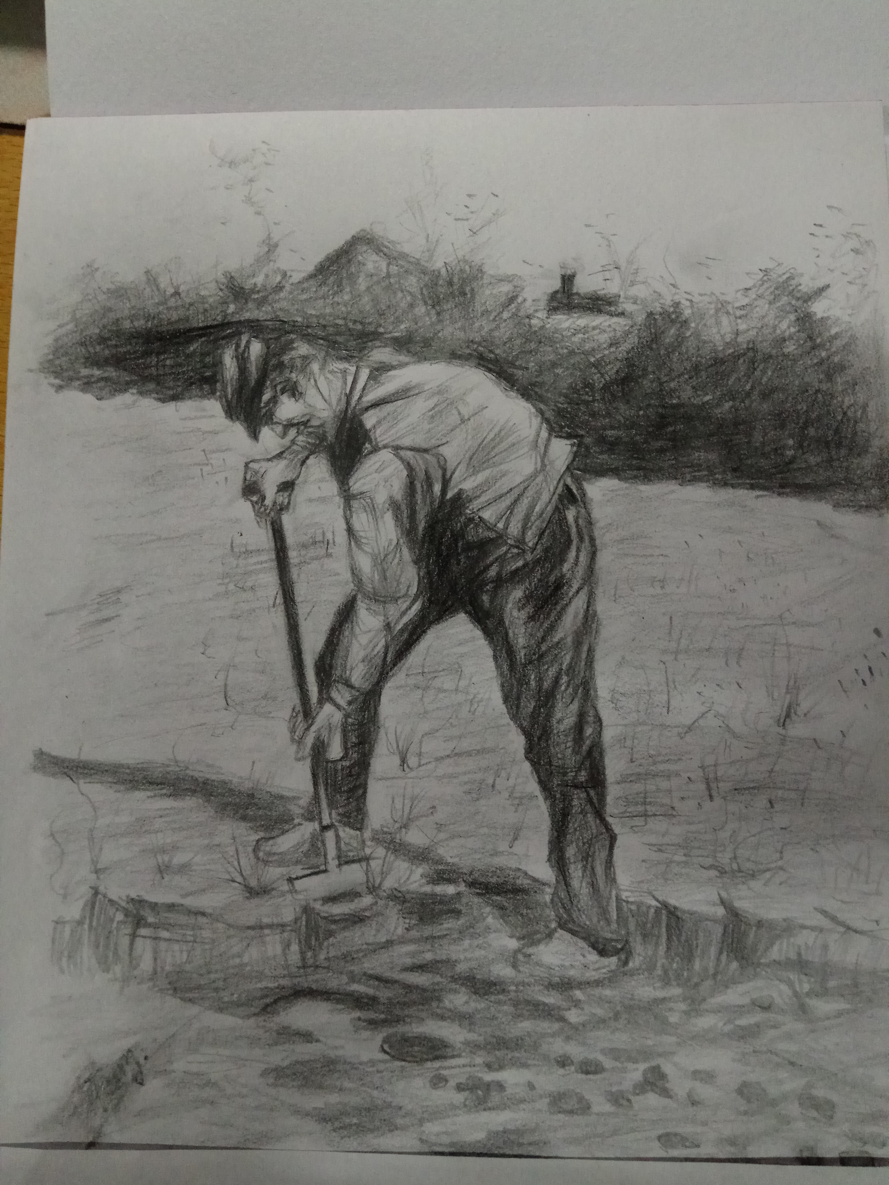 手绘-仿梵高-种土豆的农民