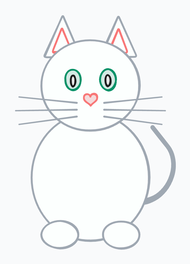 A cat from ellipses, triangles, a heart nose, with freehand whiskers and a curled tail