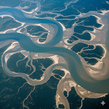 An aerial photograph of a huge, winding river delt