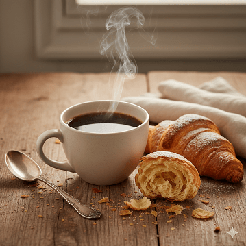 A photorealistic still life of a steaming cup of c