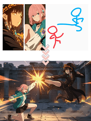 Have these two characters fight using the pose fro