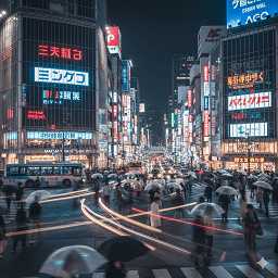 A photograph of a bustling Tokyo street at night,