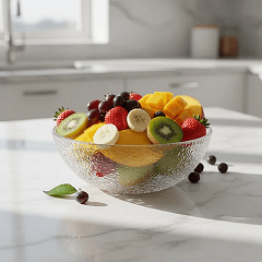 A photorealistic still life of a bowl of fresh, co